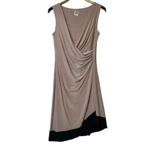 Anne Klein Ruched Dress Sz 10 Beige Asymmetric Faux Wrap Sleeveless Day Evening